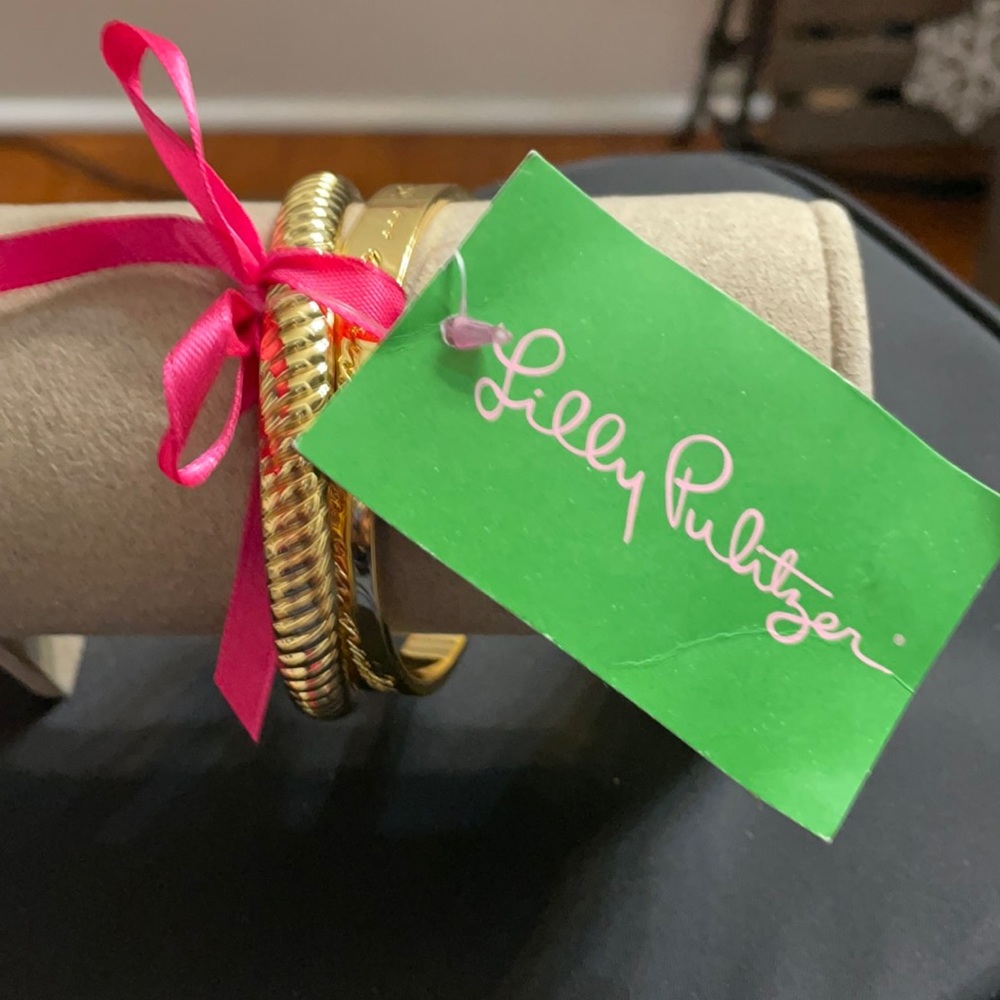 Lilly Pulitzer Gold Toned Stackable Bracelets with Pink Ribbon
